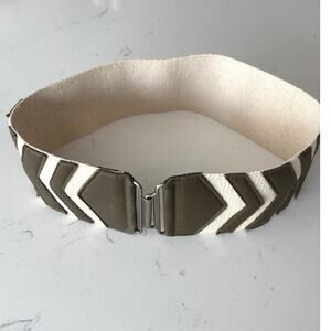 Chevron leather canvas elastic wide belt sz M cream dk green silver latch boho